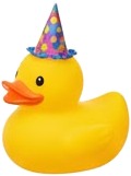a rubber duck with a party hat and a party hat.jpg